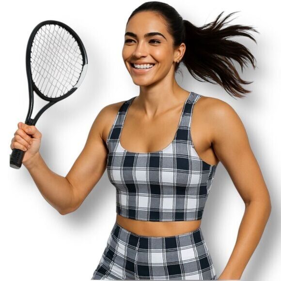 EleVen S Black White Plaid Crop Tank Top Athletic Tennis Gym Stretch Active NWT - Picture 1 of 11